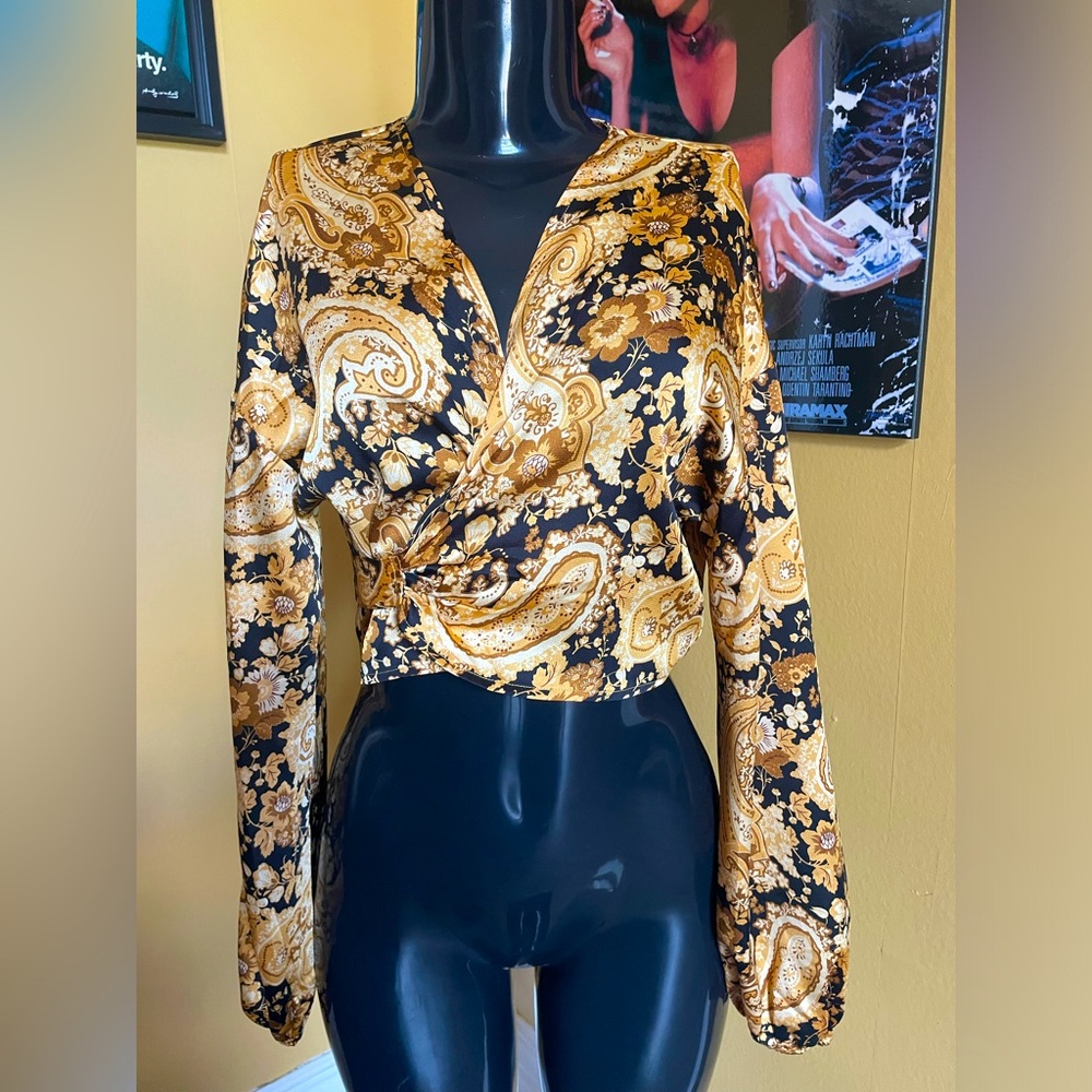 NWT Nasty Gal Paisley Wrap Top - Black and Gold